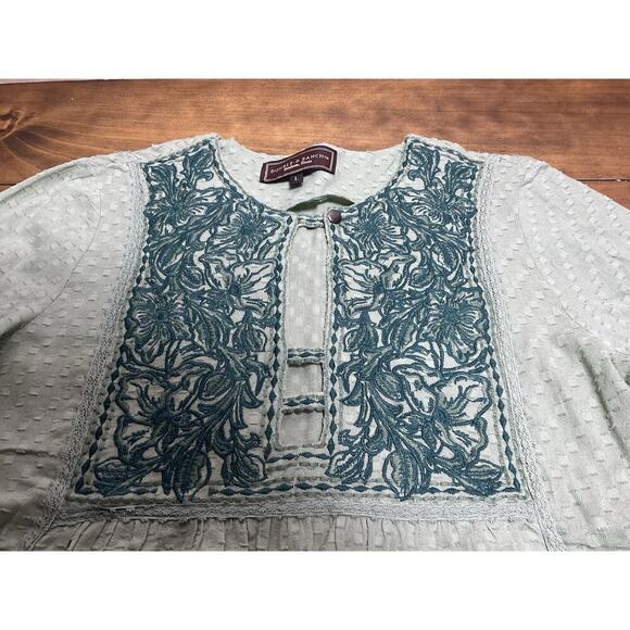 Double D Ranch Embroidered Top Women's Large Green Tie Sleeve BOHO Western - Picture 2 of 12